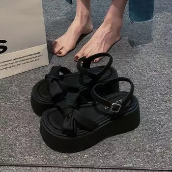 2025 летние новые женские туфли с бантом милые классные тапочки импортные товары корейская версия сандалии на платформе 35 чёрный