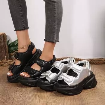 2025 летние однотонные сандалии на круглой подошве с одним словом на липучке в стиле кэжуал женские сандалии на платформе большого размера 42 36 чёрный