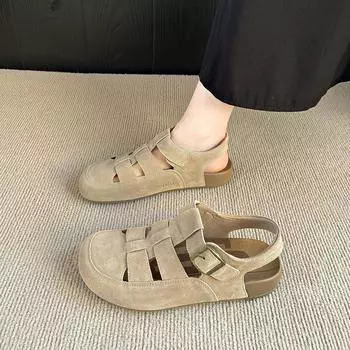 2025 летние однотонные женские сандалии большого размера с круглым носком и пустым ремнем с пряжкой на толстой подошве 34 бежевый