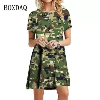 2025 Летние платья в стиле милитари для женщин с коротким рукавом, платье-трапеция, свободная повседневная мини-одежда больших размеров, Vestidos S