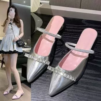 2025 Летние розовые сандалии из лакированной кожи с открытым носком - женские серебристые полутапочки с острым носком 38 светло-розовый