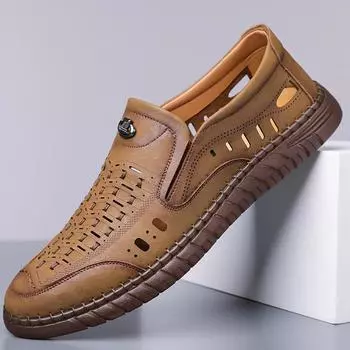 2025 летние сандалии мужские новые повседневные туфли мужские кожаные туфли ручной работы онлайн полые дышащие сандалии большого размера 501 38 чёрный