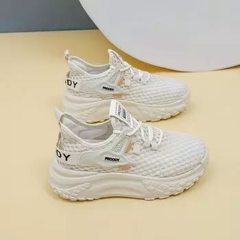 2025 летние сетчатые кроссовки новые сетчатые дышащие кроссовки летающие тканые тонкие повседневные спортивные женские туфли интернет-знаменитости YDY423 35 бежевый