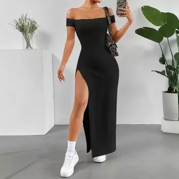 2025 Летние сексуальные макси-платья с открытыми плечами для женщин, облегающее платье с короткими рукавами и разрезами по бокам, черная длинная юбка, прикрывающая бедра S чёрный