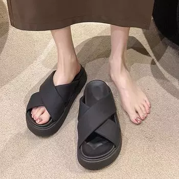 -2025 летние тапочки на платформе с перекрестными ремешками, носите классные тапочки с открытым носком, римские пляжные туфли в стиле tide 35 чёрный