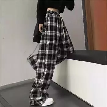 2025 летние тонкие брюки с высокой талией и драпировкой, прямые свободные повседневные летние брюки в черно-белую клетку S чёрный