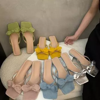 2025 Летние туфли-тапочки на низком каблуке с бабочкой и узлом, модные женские элегантные удобные сандалии с открытым носком для женщин, размер 35-40 35 синий