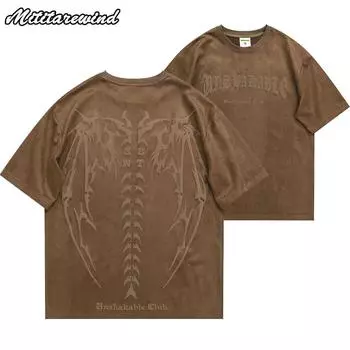 2025 Летние винтажные футболки для мужчин с принтом черепа, свободные футболки с коротким рукавом, замшевые футболки Y2k, молодежные повседневные футболки с коротким рукавом в стиле хип-хоп с круглым вырезом S бежевый
