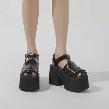 2025 Летние водонепроницаемые римские сандалии на толстой платформе 11 см с высоким каблуком для широких ног 36 чёрный