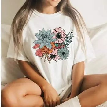 2025 Летние женские белые футболки с цветочным принтом, винтажные повседневные свободные футболки, большие размеры, топы Y2k, модные женские футболки, уличная одежда Harajuku S чёрный