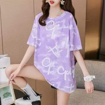 2025 Летние женские фиолетовые футболки с принтом тай-дай, винтажные повседневные свободные футболки с графическим принтом, большие размеры, топы Y2k, модные женские футболки, уличная одежда в стиле Харадзюку S фиолетовый