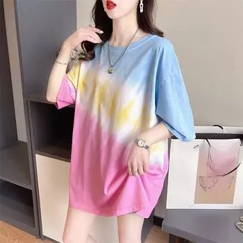 2025 Летние женские разноцветные футболки с принтом тай-дай, винтажные повседневные свободные футболки с графическим принтом, большие размеры, топы Y2k, модные женские футболки, уличная одежда в стиле Харадзюку S розовый