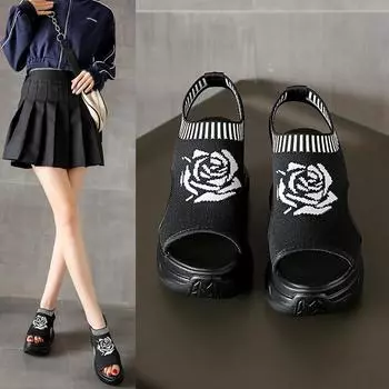 2025 летние женские сандалии на платформе с цветочным принтом и плетением в виде рыбьего рта, с плетеным мушковым узором, с покатым каблуком в римском стиле, закрывающие стопу, большого размера 34 чёрный