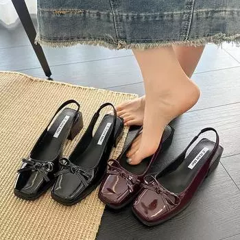 2025 Летние женские туфли на плоской подошве серебристого цвета, туфли-лодочки с квадратным носком, туфли на плоской подошве для женщин, балетки, удобные женские сандалии с бантом 35 красный