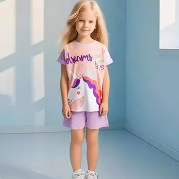 2025 летний фиолетовый хлопковый костюм детский комплект из двух предметов для девочек повседневный топ с круглым вырезом и короткими рукавами с принтом из мультфильмов и шорты детская одежда для девочек 2Y