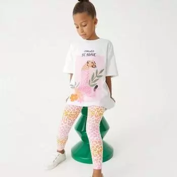 2025 летний хлопковый костюм, детский комплект из двух предметов для девочек, повседневный топ с круглым вырезом, короткими рукавами и леопардовым принтом, брюки, детская одежда для девочек 2Y белый