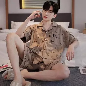 2025 летний комплект пижам для отдыха с буквенным принтом для мужчин с эластичной талией для мальчиков, кардиган с коротким рукавом и шорты, мягкая пижама, домашняя одежда L