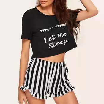 2025 летний комплект пижамы с буквенным принтом в черную полоску для женщин, домашняя одежда, сексуальные свободные укороченные топы с короткими рукавами и шорты, 2 предмета, короткая пижама, одежда для сна S