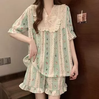 2025 летний кружевной комплект пижамы для женщин из хлопка с принтом мультфильмов, футболка с коротким рукавом и шорты, женская повседневная домашняя одежда M