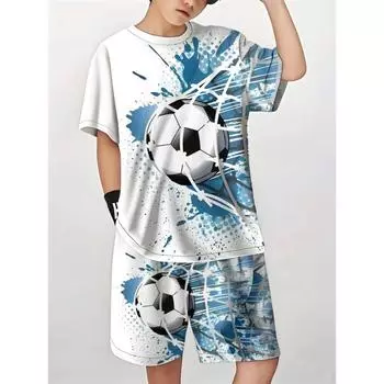 2025 летний новый детский комплект футбольный 3D принт детский топ с коротким рукавом футболка с круглым вырезом спортивный джемпер детский S