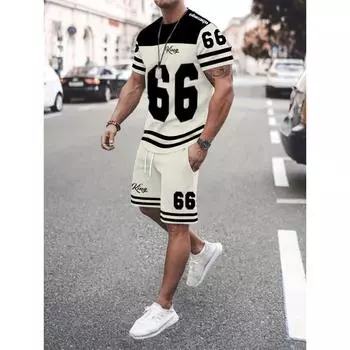 2025 летний новый мужской комплект Нет. Футболка с принтом в виде буквы 66 Мужская спортивная футболка с коротким рукавом Футболка в винтажном стиле для мужчин S