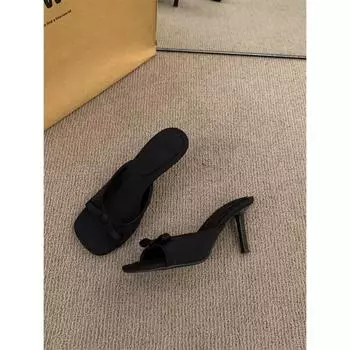 2025 летний новый нишевый дизайн бант тонкий каблук босоножки на высоком каблуке женская одежда открытый носок квадратный носок тапочки женские 35