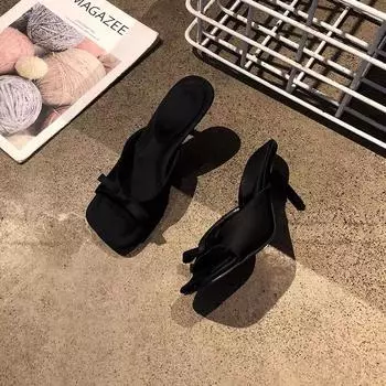 2025 летний новый нишевый дизайн бант тонкий каблук босоножки на высоком каблуке женская одежда открытый носок квадратный носок тапочки женские 35