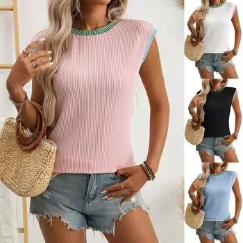 2025 летний новый жилет без рукавов с круглым вырезом и внешним швом, сочетающийся по цвету S синий