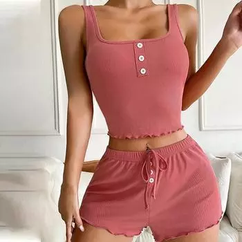 2025 летний однотонный пижамный комплект для женщин, домашняя одежда, сексуальные укороченные топы и шорты, 2 предмета, короткая пижама, одежда для сна, домашняя одежда S