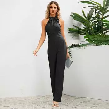 2025 летний сексуальный облегающий комбинезон темперамент без рукавов воротник-стойка бант прямые брюки S