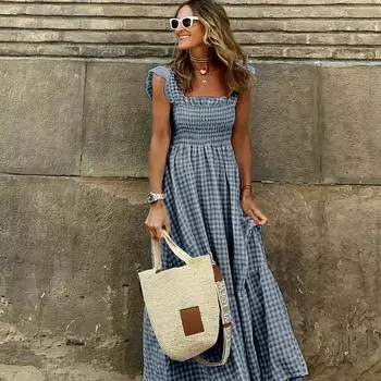 2025 летний темперамент женская одежда коллаж клетчатое платье с подтяжками и эластичным маятником S