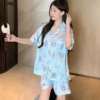 2025 летний женский пижамный комплект, роскошная атласная шелковая пижама, повседневная домашняя одежда, ночная одежда для женщин, короткий рукав, милый мультяшный кролик, пижама M