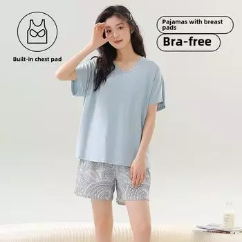 2025 Летний женский пижамный комплект с нагрудной подкладкой, футболка с V-образным вырезом и шорты, пижама, комплект из 2 предметов, однотонная домашняя одежда из хлопка M