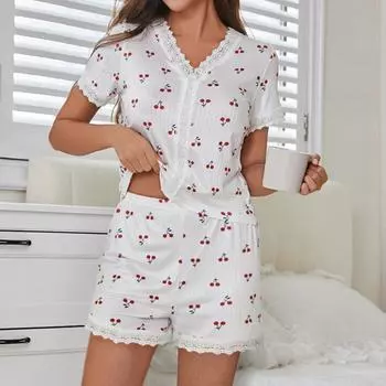 2025 летний женский пижамный комплект с принтом вишни, кружевной отделкой, короткими рукавами, застежкой на пуговицы спереди, топом и шортами, комплект из 2 предметов, одежда для сна, домашняя одежда S