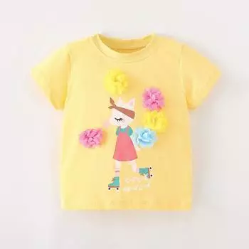 2025 летняя футболка из чистого хлопка с милым мультяшным принтом для девочек, детская одежда с коротким рукавом, объемные цветы, футболки для девочек, топы, футболки 2Y