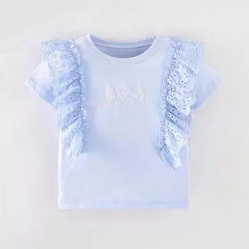2025 летняя футболка из чистого хлопка с вышивкой для девочек, детская одежда, короткий рукав, кружевная футболка с шитьем для девочек, синие топы, футболки 3Y