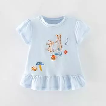 2025 летняя футболка из чистого хлопка с вышивкой из мультфильмов для девочек, с коротким рукавом, юбка, длинная футболка для девочек, синие топы, футболки, детская одежда 3Y