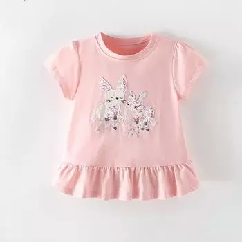 2025 летняя футболка из чистого хлопка с милой вышивкой из мультфильмов для девочек, детская одежда, футболка с коротким рукавом для девочек, розовые топы и футболки с изображением листьев лотоса 3Y