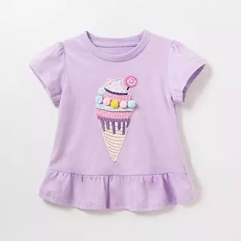 2025 летняя футболка из чистого хлопка с вышивкой в виде трубки для девочек, детская одежда, футболка с коротким рукавом для девочек, фиолетовые топы, футболки 4Y