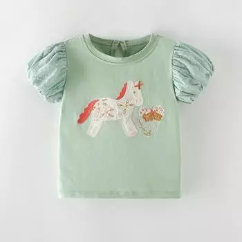 2025 летняя футболка из чистого хлопка с милой вышивкой из мультфильмов для девочек, детская одежда, футболки с рукавами-фонариками для девочек, зеленые топы, футболки 3Y