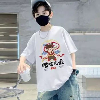 2025 летняя футболка из чистого хлопка с рисунком для девочек и мальчиков, повседневная свободная футболка с коротким рукавом для детей унисекс, топы, футболка, детская одежда для окружающих Нэчжа 5Y белый