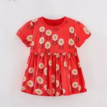 2025 летняя футболка из чистого хлопка с цветочным принтом для девочек, с коротким рукавом, юбка, длинная футболка для девочек, красные топы, футболки, детская одежда 2Y