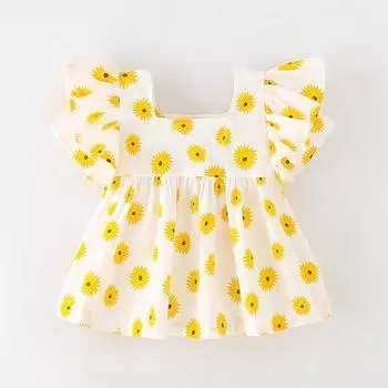 2025 летняя футболка из чистого хлопка с милым принтом в виде листьев лотоса и цветов для девочек, детская одежда, футболка с коротким рукавом для девочек, юбка, топы, футболки 3Y