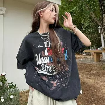 2025 Летняя футболка с буквенным принтом для женщин, одежда высокого качества, 230 г, 100% хлопок, футболка, свободная футболка Harajuku, черная, топы Y2k, унисекс, уличная одежда S чёрный