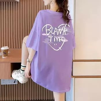 2025 Летняя футболка с графическим принтом в виде букв для женщин, одежда Harajuku, футболка большого размера из чистого хлопка, женская роскошная одежда, фиолетовые топы Y2k, уличная одежда M