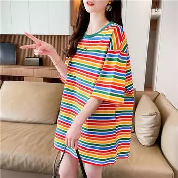 2025 летняя футболка с контрастными радужными полосками Модные женские футболки большого размера с рисунком Длинные футболки Y2k Топы Harajuku Streetwear M