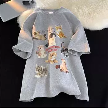 2025 Летняя футболка с милым принтом мультяшного кота для женщин, одежда, футболки из 100% хлопка, белая футболка Harajuku, свободные топы Y2k, уличная одежда в стиле хип-хоп S белый