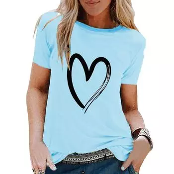 2025 Летняя футболка с принтом Love с короткими рукавами и круглым вырезом, универсальная футболка, повседневная свободная футболка, женская S жёлтый