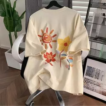 2025 Летняя футболка с принтом масляной живописи для женщин, футболка из чистого хлопка 220 г, унисекс, футболка большого размера Harajuku, розовая, топы Y2k, уличная одежда S белый