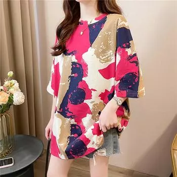 2025 летняя футболка с принтом тай-дай, подходящая по цвету, модные женские футболки большого размера с рисунком, длинные женские топы Y2k, уличная одежда Харадзюку M